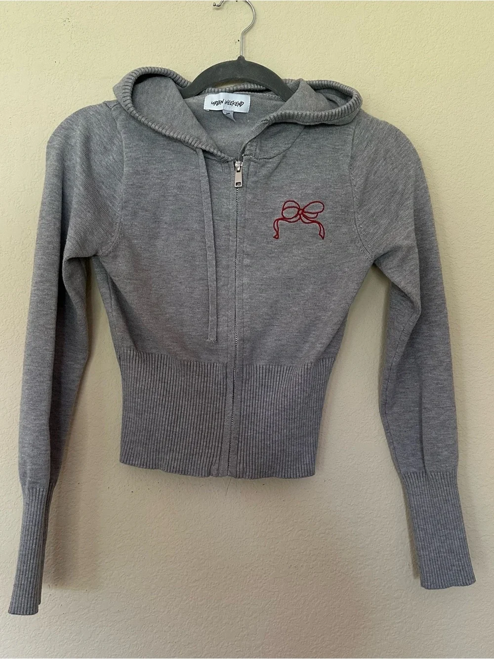 Urban Weekend Women’s Gray Zip Hoodie Jacket with Red Bow Embroidery size Medium